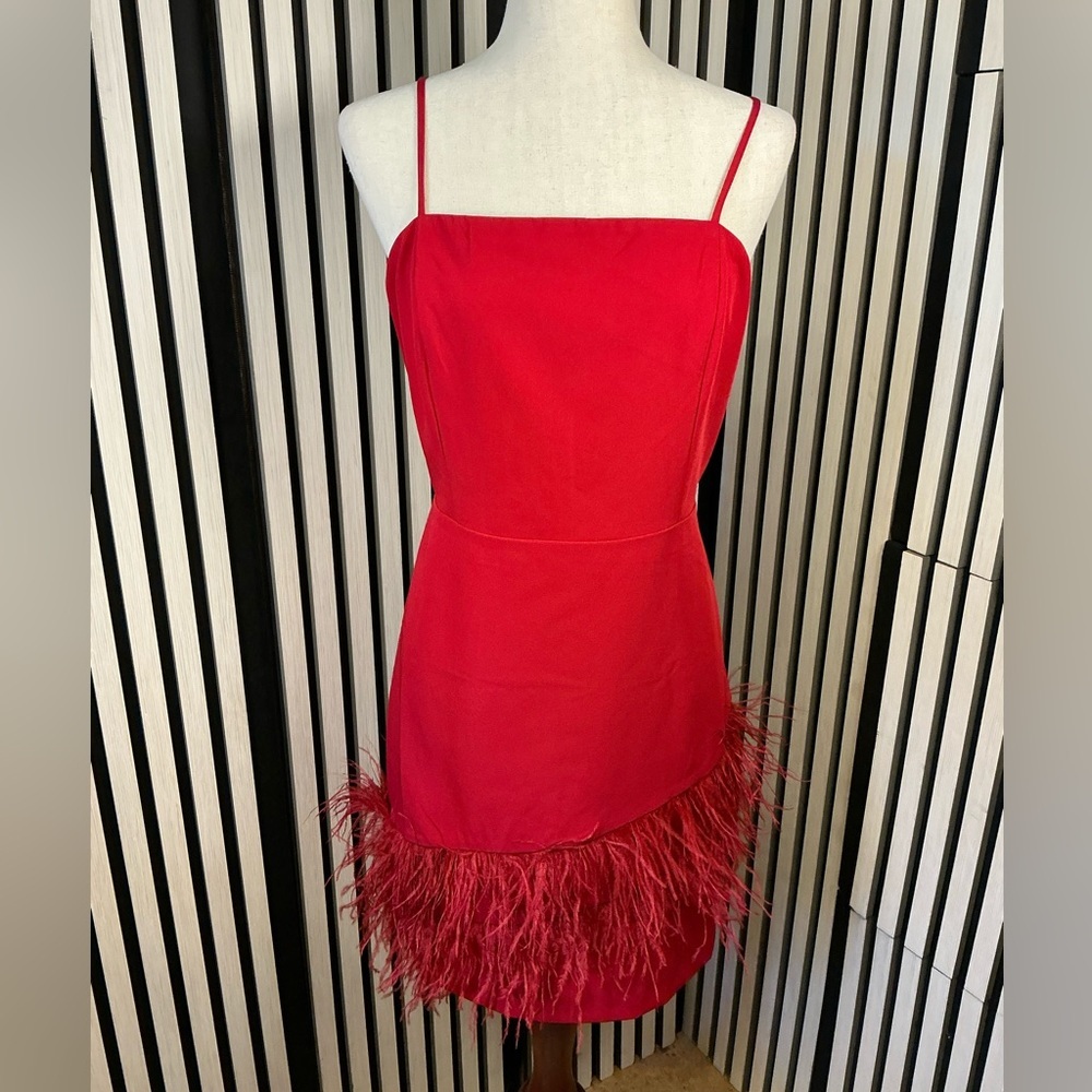 Sam Edelman Vibrant Red Feather-Accent Mini Dress, Sz 12